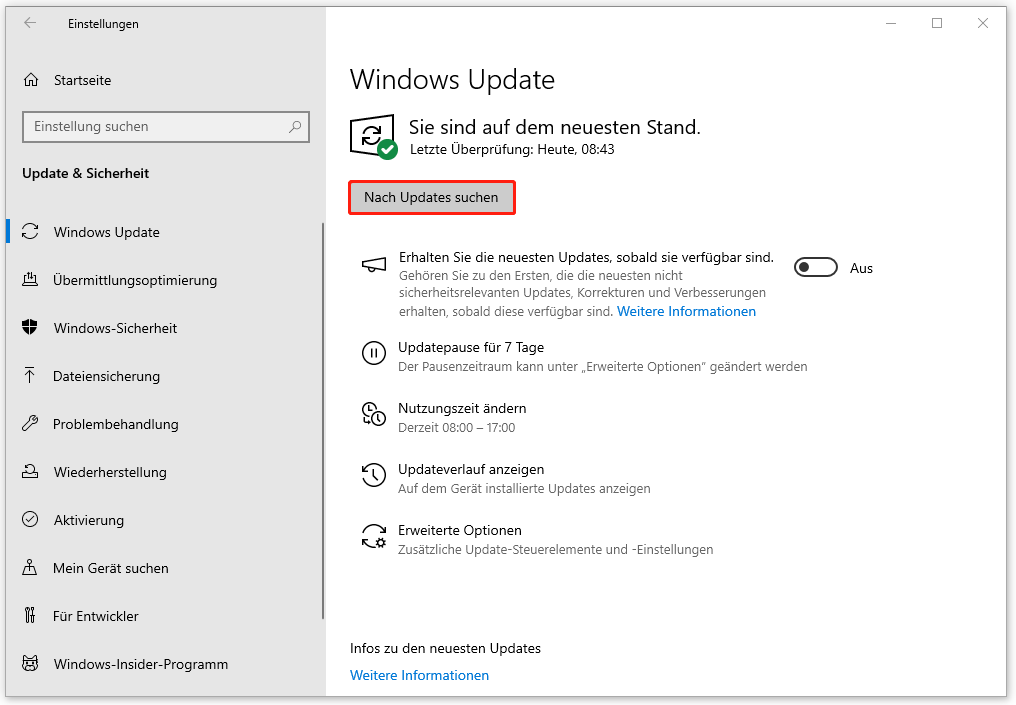 Klicken Sie in den Windows-Einstellungen auf die Schaltfläche Nach Updates suchen