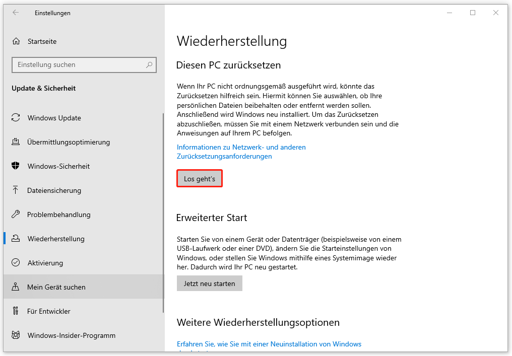 Windows über die Funktion „Diesen PC zurücksetzen“ zurücksetzen