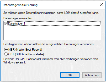 Mit Datenträger die neue Festplatte initialisieren