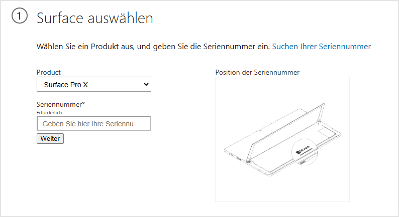 Seriennummer vor dem Download von Surface-Wiederherstellungsimages eingeben