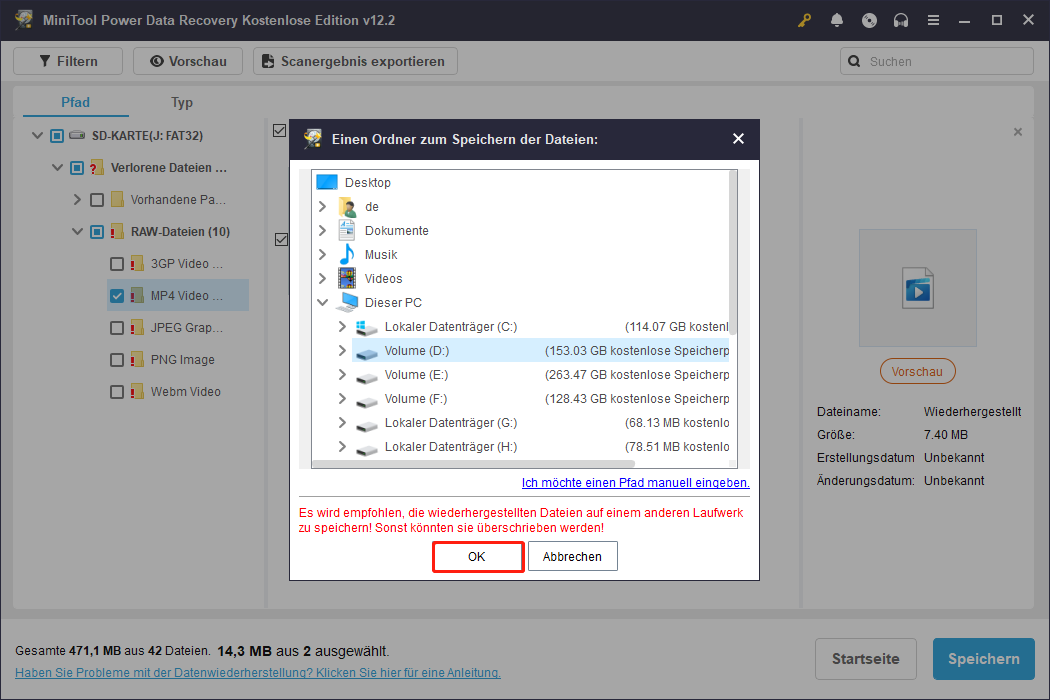 Klicken Sie auf OK um die gewünschten Dateien mit MiniTool Power Data Recovery zu speichern