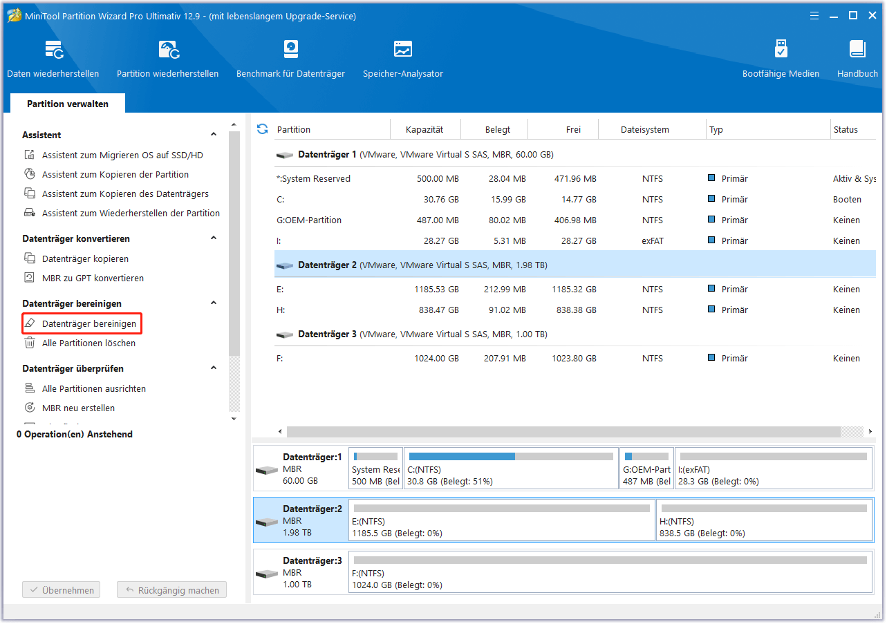 Klicken Sie auf Datenträger bereinigen in MiniTool Partition Wizard