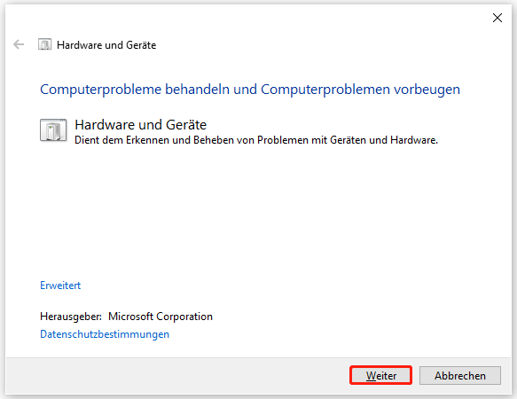 Klicken Sie auf Weiter, um die Problembehandlung für Hardware und Geräte zu starten.