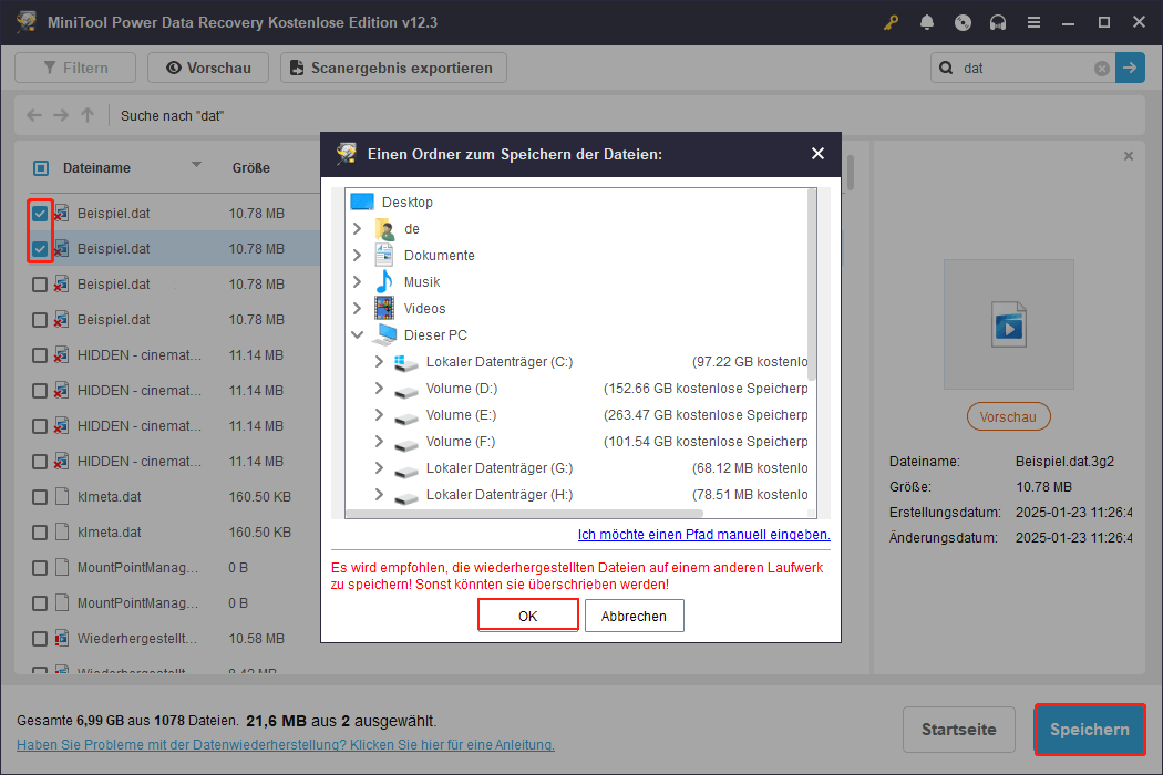 Speichern Sie die ausgewählten Dateien an einem neuen Ort mit MiniTool Power Data Recovery