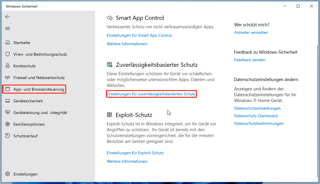 auf „Einstellungen für zuverlässigkeitsbasierten Schutz“ klicken