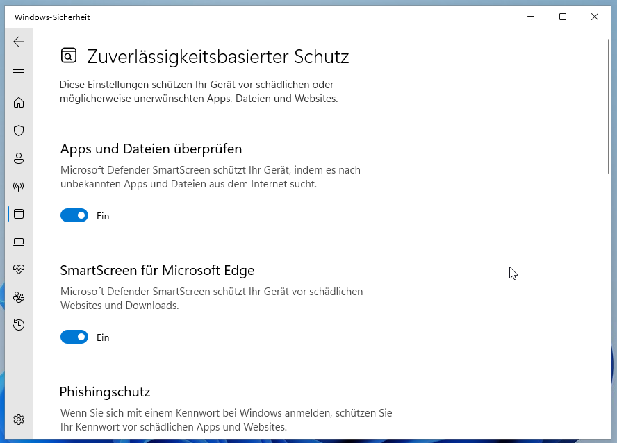 entsprechende Optionen im Fenster „Einstellungen für zuverlässigkeitsbasierten Schutz“ aktivieren oder deaktivieren