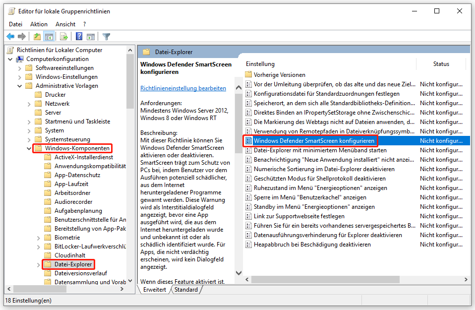 Option „Windows Defender SmartScreen konfigurieren“ im Editor für lokale Gruppenrichtlinien finden