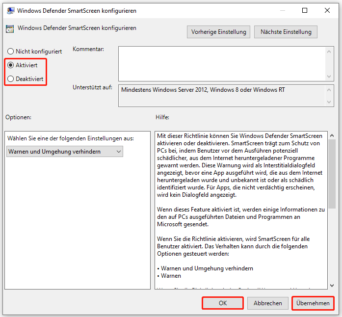 Aktiviert oder Deaktiviert im Fenster „Windows Defender SmartScreen konfigurieren“ wählen