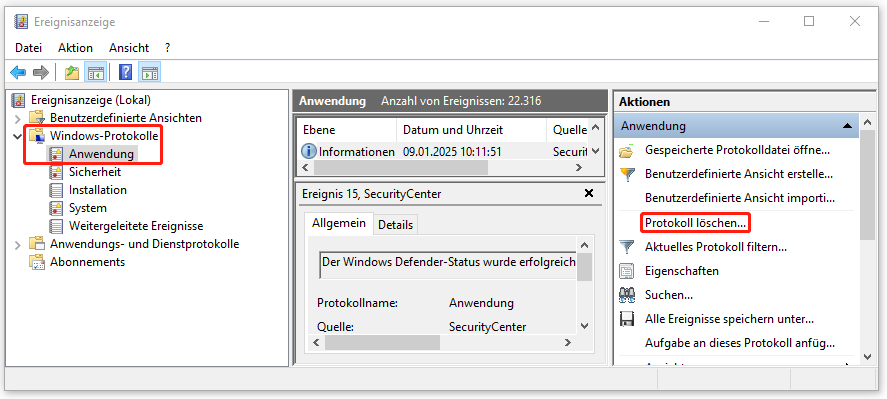 Protokoll in der Ereignisanzeige löschen