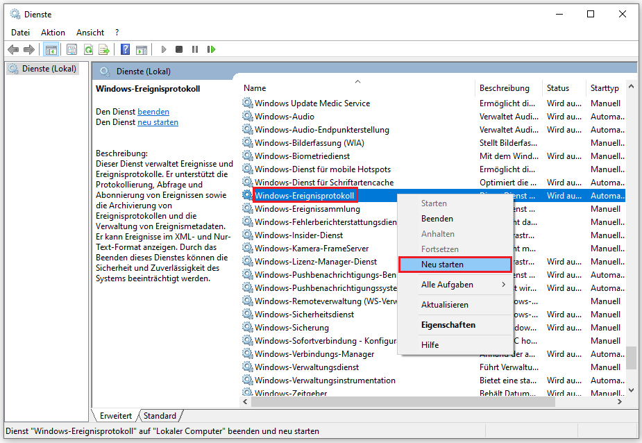 Windows-Ereignisprotokolldienst über Dienste neu starten