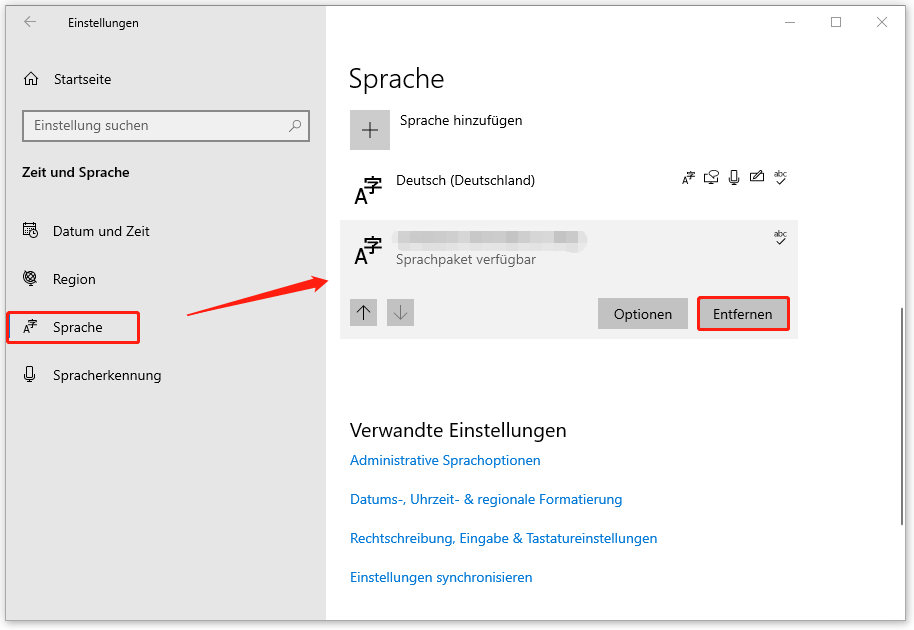 nicht verwendetes Sprachpaket über die Windows-Einstellungen entfernen