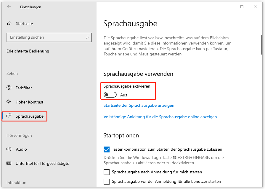 Sprachausgabe in Windows-Einstellungen deaktivieren