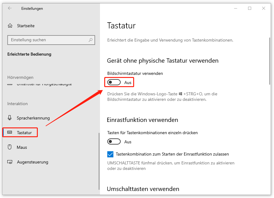 Bildschirmtastatur in Windows-Einstellungen deaktivieren