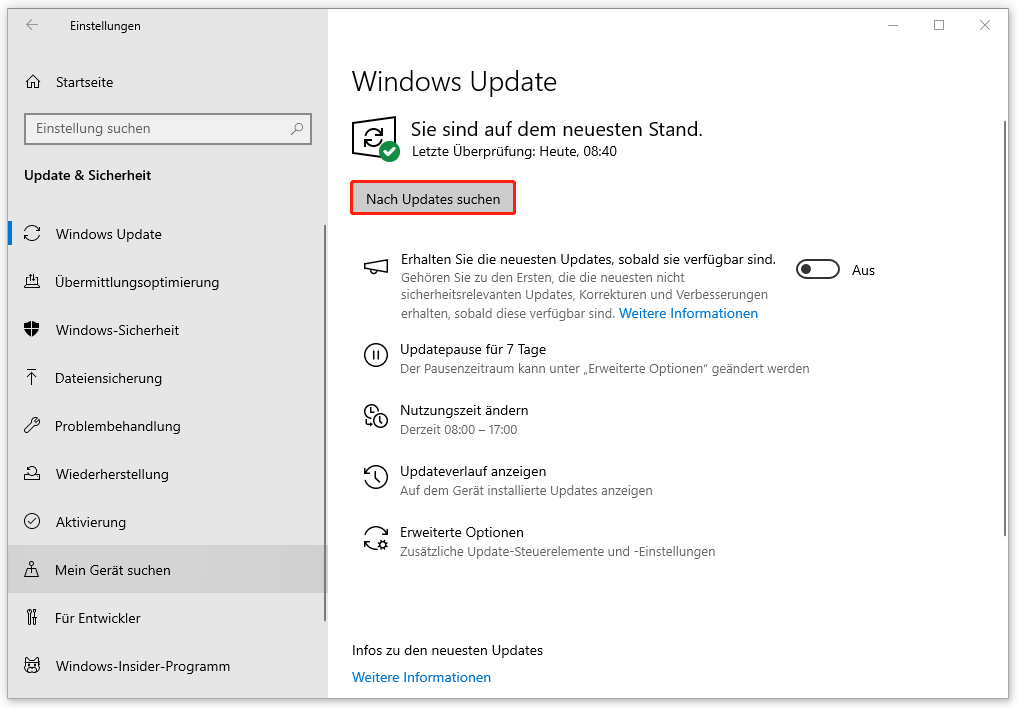 klicken Sie in Windows Update auf „Nach Updates suchen“