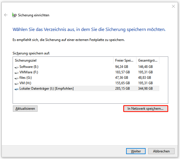 klicken Sie im Fenster „Sicherung einrichten“ auf „In Netzwerk speichern“