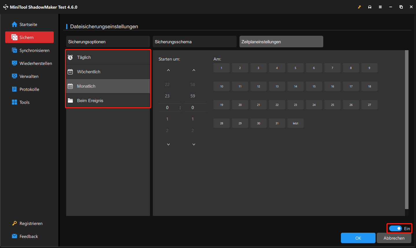 zum Einrichten automatischer Sicherungen aktivieren Sie in MiniTool ShadowMaker die Funktion „Zeitplaneinstellungen“