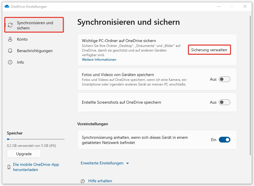 klicken Sie in der OneDrive-App auf „Synchronisieren und sichern“ und dann auf „Sicherung verwalten“