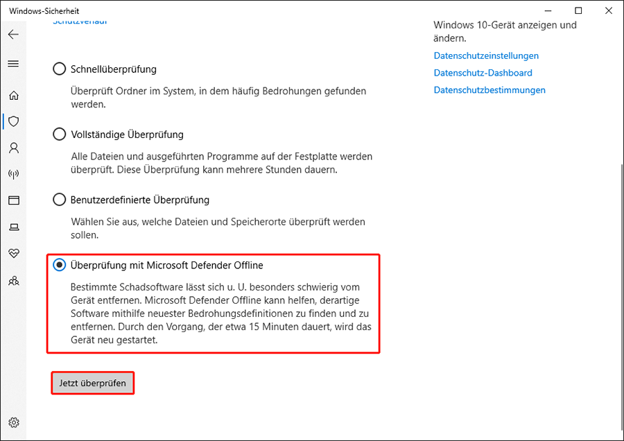 Wählen Sie die Option Überprüfung mit Microsoft Defender offline und klicken Sie auf Jetzt scannen.