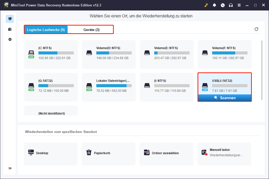 Wählen Sie die TF-Karte aus und scannen Sie sie mit MiniTool Power Data Recovery