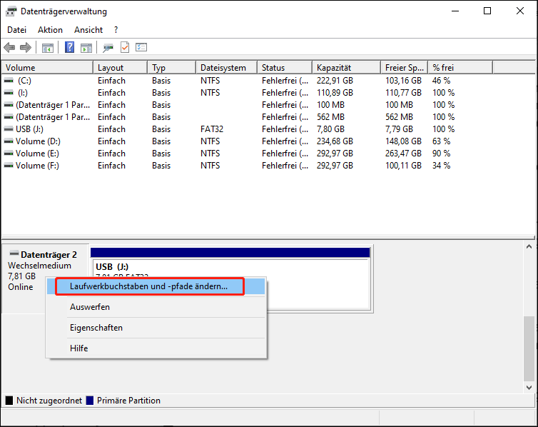 Laufwerksbuchstaben für das USB-Laufwerk in der Datenträgerverwaltung ändern