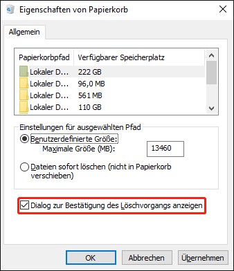 Aktivieren Sie die Funktion Dialog zur Bestätigung des Löschvorgangs anzeigen