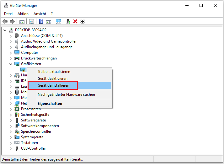 Grafikkartentreiber im Geräte-Manager deinstallieren