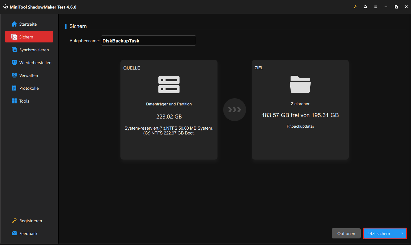 Klicken Sie in MiniTool ShadowMaker auf „Jetzt sichern“, um die Systemsicherung zu starten