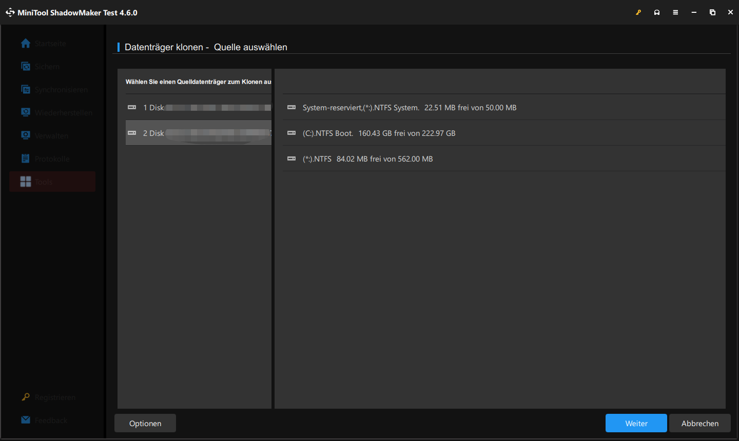 Quell- und Zieldatenträger in MiniTool ShadowMaker festlegen