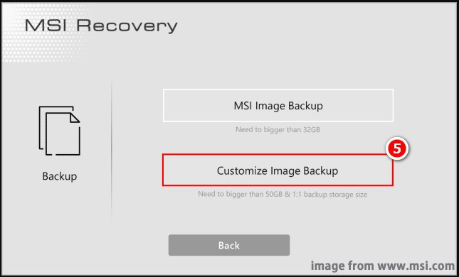 wählen Sie in MSI Center Pro die Option „Customize Image Backup“