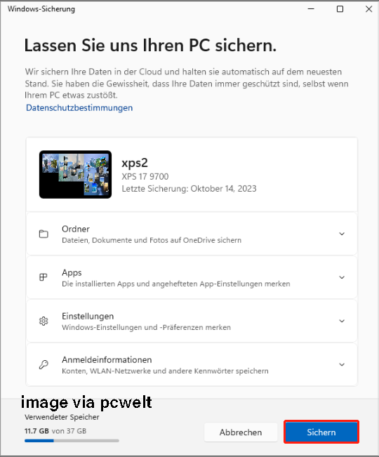 Klicken Sie in der Windows-Sicherung auf „Starten“