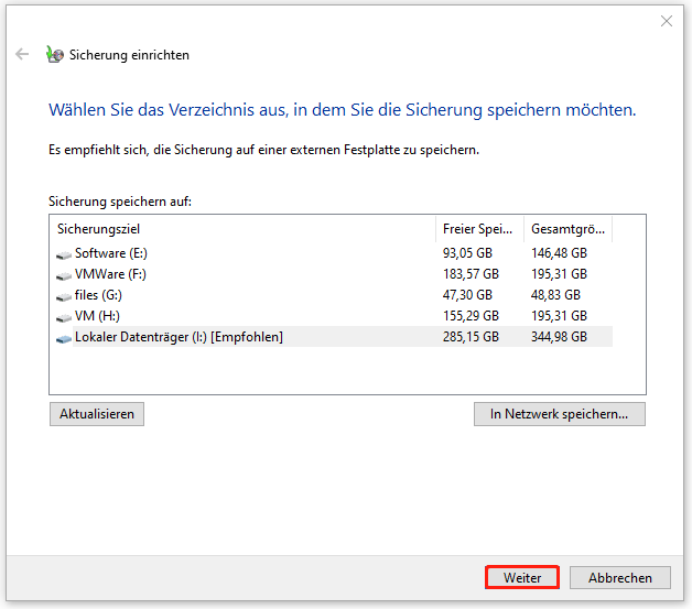 wählen Sie im Fenster „Sicherung einrichten“ einen Speicherort für Ihr Backup aus