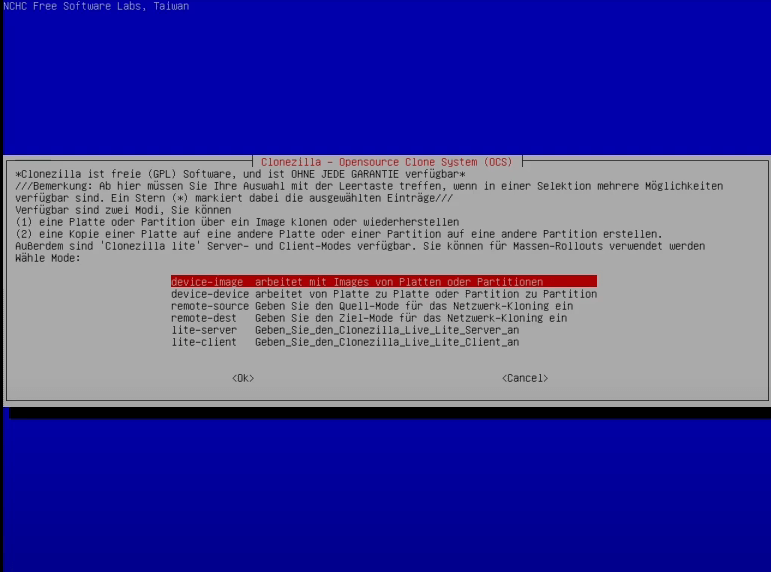 Option „device-image arbeitet mit Images von Platten oder Partitionen“ in Clonezilla wählen