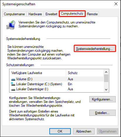 Klicken Sie im Tab Systemschutz auf Systemwiederherstellung