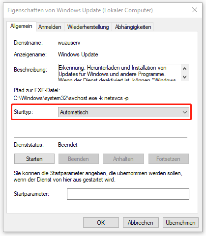 Starttyp des Windows Update-Diensts auf „Automatisch“ ändern