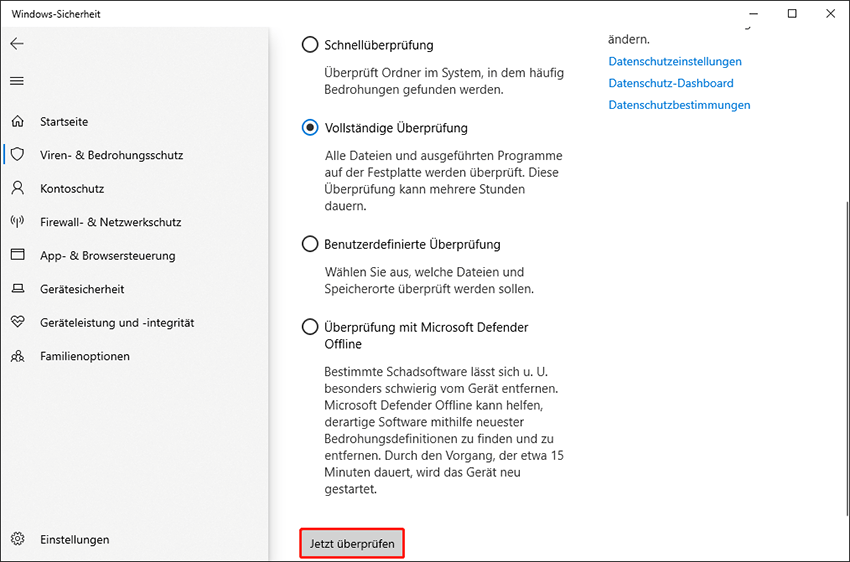 Klicken Sie auf Jetzt überprüfen, um den Virenscan zu starten