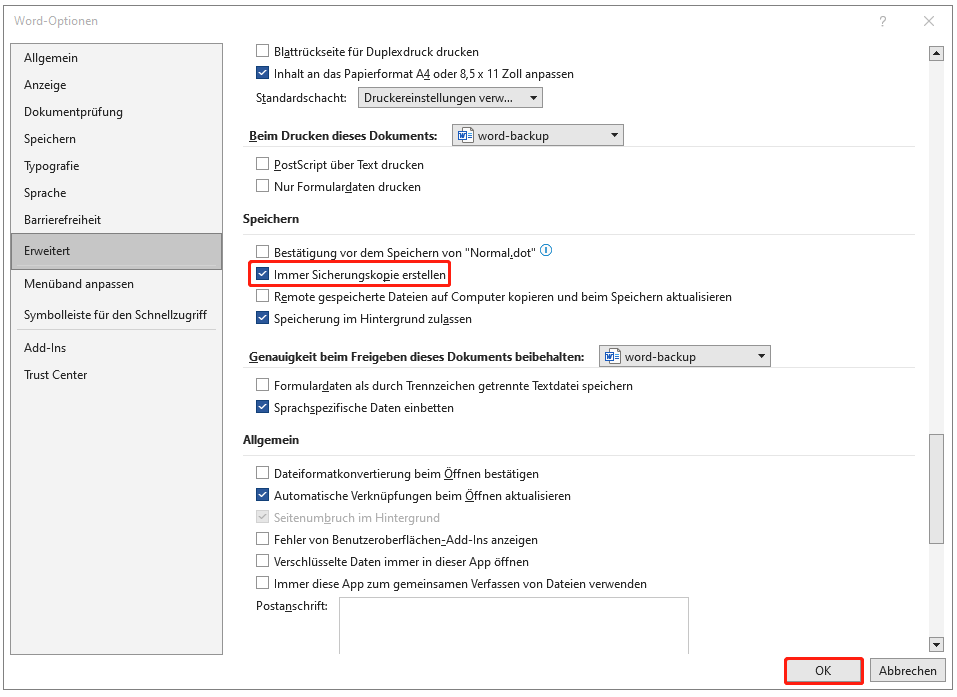 die Option „Immer Sicherungskopie erstellen“ in Word aktivieren