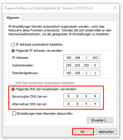 DNS-Server in 8.8.8.8 und 8.8.4.4 ändern