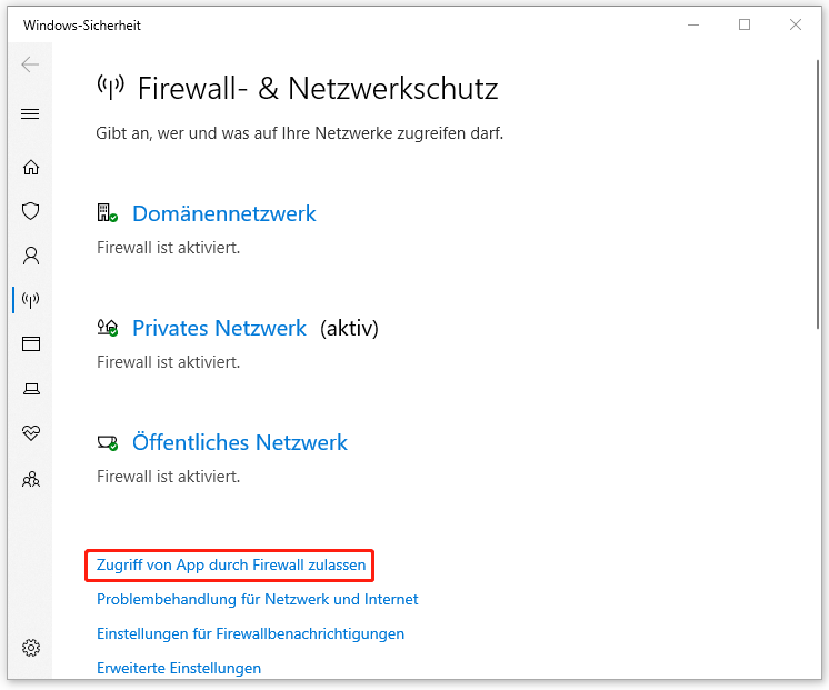 klicken Sie in den Windows-Einstellungen auf den Link „Zugriff durch Firewall zulassen“