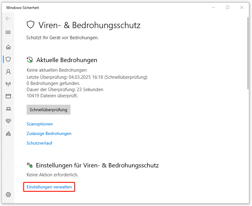 Einstellungen für Viren- & Bedrohungsschutz verwalten