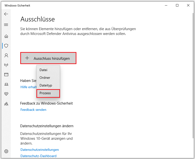 „Prozess“ aus dem Dropdown-Menü „Ausschluss hinzufügen“ auswählen