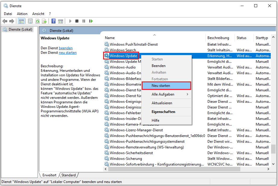 Windows Update-Dienst im Fenster „Dienste“ neu starten