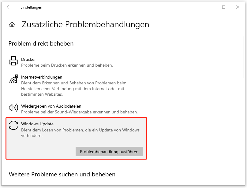 Windows Update-Problembehandlung in der App „Windows-Einstellungen“ ausführen