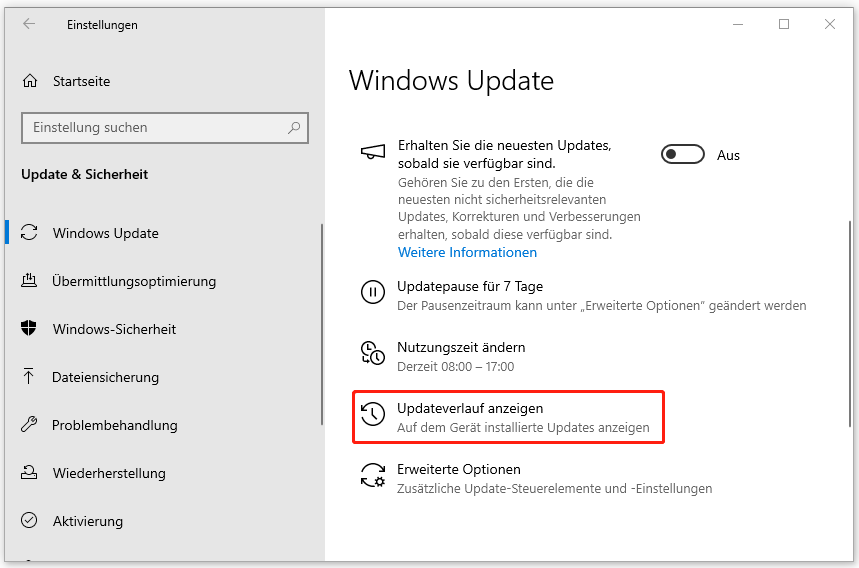 Klicken Sie in den Windows-Einstellungen auf „Updateverlauf anzeigen“