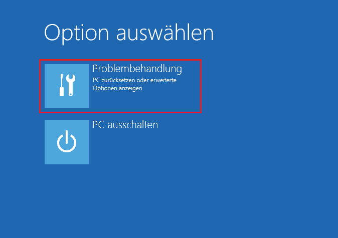 Zur Behebung des Fehlers 0x80070570 wählen Sie auf der Seite „Option auswählen“ die Option „Problembehandlung“