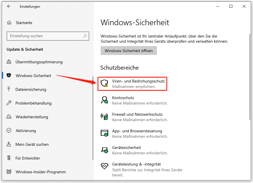 klicken Sie in der Windows-Sicherheit auf „Viren- und Bedrohungsschutz“