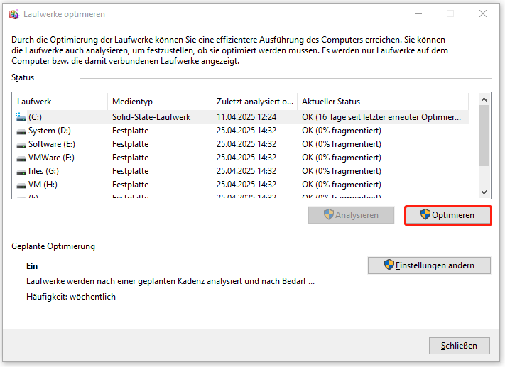 klicken Sie auf „Optimieren“, um das ausgewählte Laufwerk zu defragmentieren