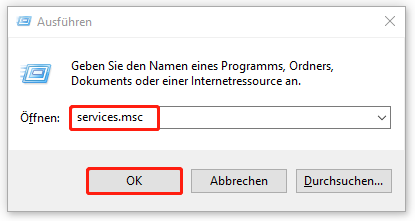 services.msc in das Dialogfeld „Ausführen“ eingeben und auf „OK“ klicken