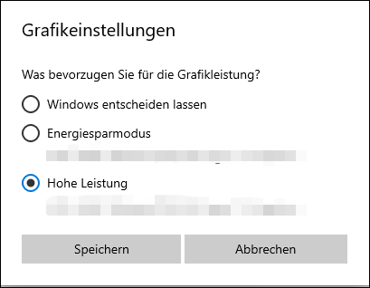 Klicken Sie auf Optionen, wählen Sie Hohe Leistung und speichern Sie die Änderung.