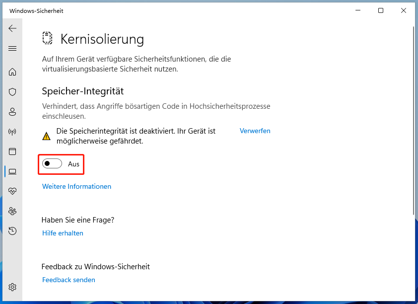 Speicher-Integrität in der App „Einstellungen“ deaktivieren
