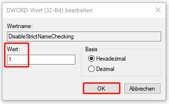 Wert von „DisableStrictNameChecking“ in 1 ändern